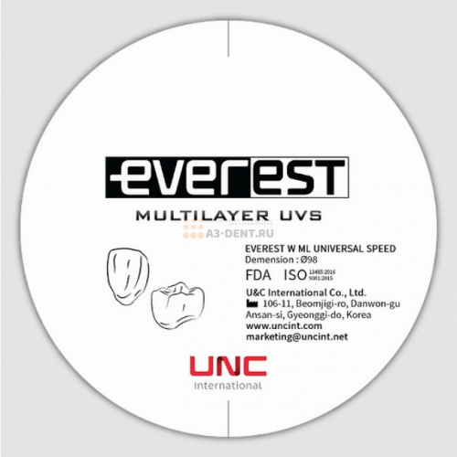 Диск циркониевый Everest Multilayer UVS, размер 95х18 мм, цвет A2, многослойный, для ускоренной синтеризации за 40 минут